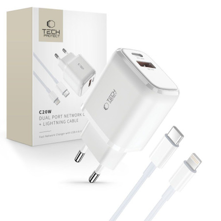 Tech-Protect C20W 2-port nabíječka + Lightning kabel - bílá