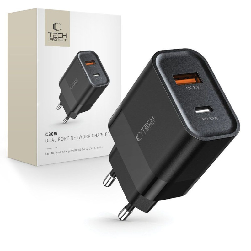 Nabíječka Tech-Protect C30W 2-PORT NETWORK CHARGER PD 30W / QC3.0 pro zařízení - black