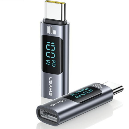 Adaptér USAMS US-SJ682 AU18 USB-C / USB-C s digitálním displejem 100W ocel/aluminium