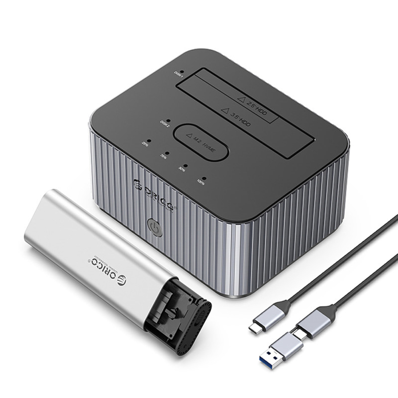 Orico IT28E-C dokovací stanice pro 2 disky M.2 NVMe a 2,5"/3,5" HDD/2,5" SSD s funkcí klonování – šedá
