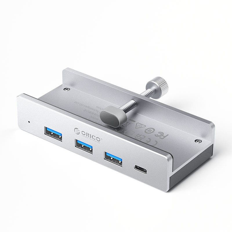 Orico MH4PC USB hub s upevněním svorkou USB-C / 3x USB-A 3.0 + 1x USB-C 3.0 – stříbrný