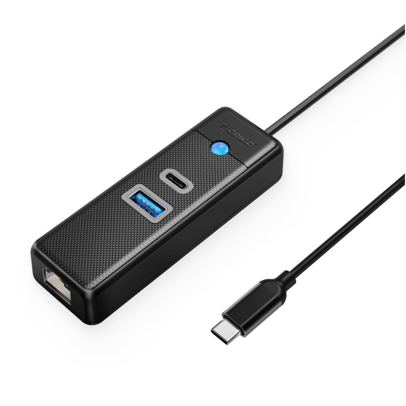 Orico PWCUR-C3 USB hub 3 porty 1x USB-A 3.0 1x USB-C 3.0 1x RJ45 Gigabit Ethernet 1,8 m – černá