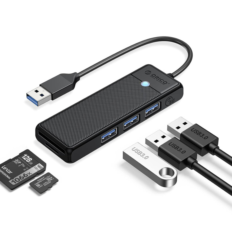 Orico PAPW3AT-U3 USB hub 4 porty 3x USB-A 3.0 se čtečkou karet microSD/SD, 1 m – černý