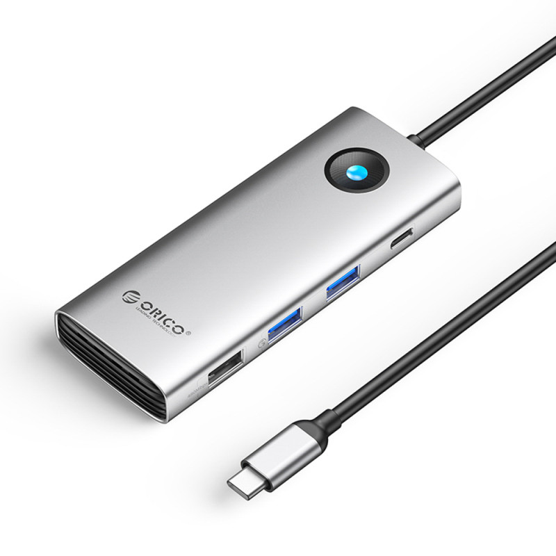 Orico PW11 8v1 USB-C dokovací stanice 2x USB-A 3.0, USB-A 2.0, USB-C 3.0, USB-C PD 100W, HDMI 4K, VGA, RJ45 Gigabit – stříbrná