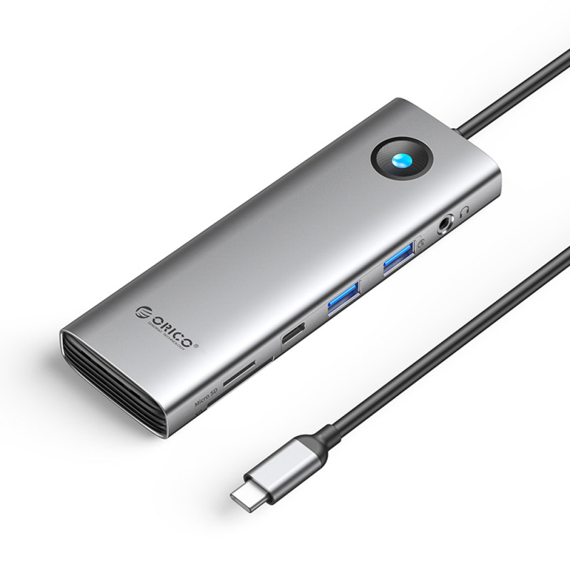 Orico PW11 9v1 USB-C dokovací stanice 2x USB-A 3.0, USB-C 3.0, USB-C PD 100W, HDMI 4K, microSD/SD, RJ45 2.5G, audio 3,5mm – šedá