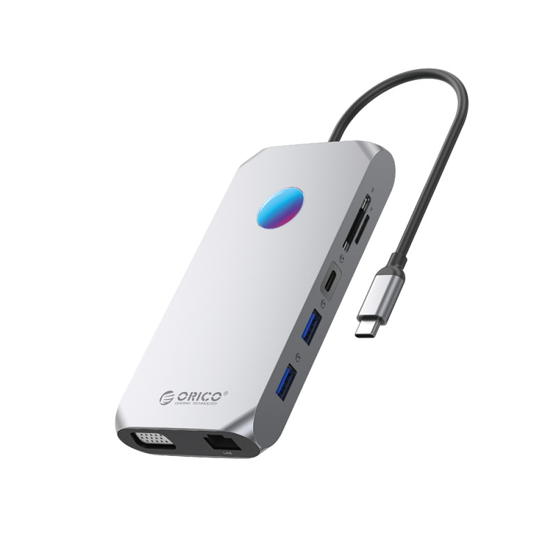 Orico XCR 12v1 RGB USB-C dokovací stanice 3x USB-A 3.1, USB-C 3.1, PD 100W, HDMI 4K, VGA, RJ45, čtečka karet – šedá