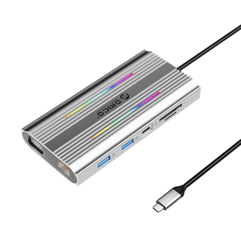Orico XDR 12v1 RGB USB-C dokovací stanice USB-A, USB-C PD 100W, 2x HDMI 4K 60Hz, VGA, RJ45 Gigabit, čtečka SD a microSD – šedá