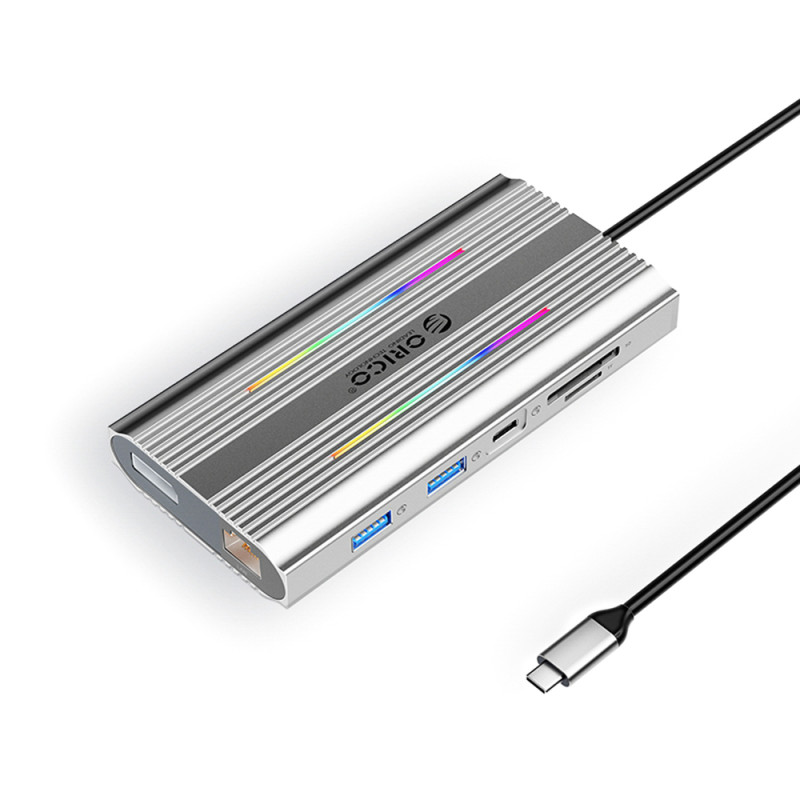 Orico XDR 12v1 RGB USB-C dokovací stanice USB-A, USB-C, 2x HDMI 4K 60Hz, DisplayPort 4K 60Hz, RJ45 Gigabit, PD 100W, SD/microSD