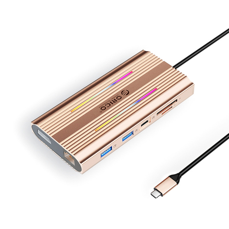 Orico XDR 12v1 RGB USB-C dok USB-A, USB-C, 2x HDMI 4K 60Hz, DisplayPort 4K 60Hz, RJ45 Gigabit, PD 100W – růžově zlatá