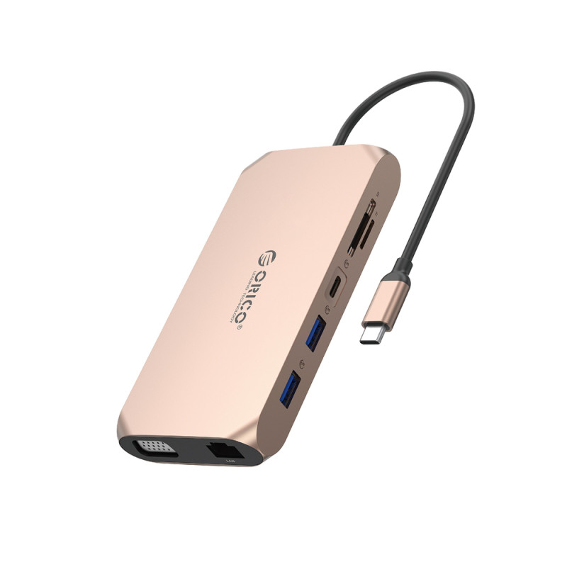 Orico XCR 12v1 USB-C dok 3x USB-A 3.1, USB-A 2.0, USB-C PD 100W, USB-C 3.1, HDMI 1.4 4K 30Hz, VGA 1080p – růžově zlatá