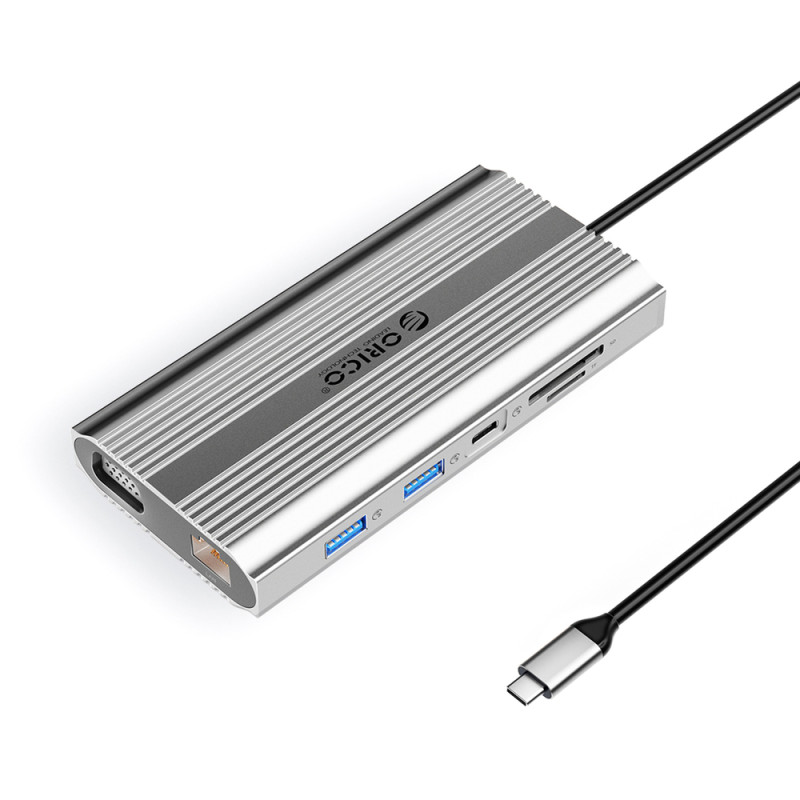 Orico XDR 12v1 USB-C dokovací stanice USB-A, USB-C, HDMI 4K, VGA, RJ45 Gigabit, PD 100W, čtečka karet SD a microSD – stříbrná