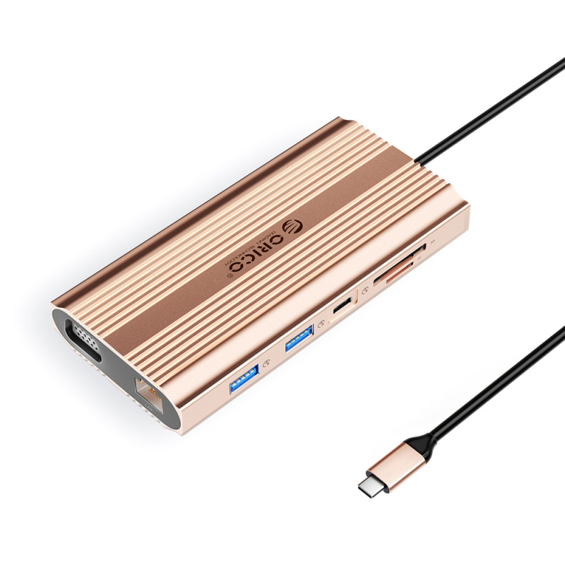 Orico XDR dokovací stanice 12v1 USB-C, USB-A, HDMI 4K, VGA, RJ45 Gigabit, PD 100W, čtečka SD a microSD – růžově zlatá