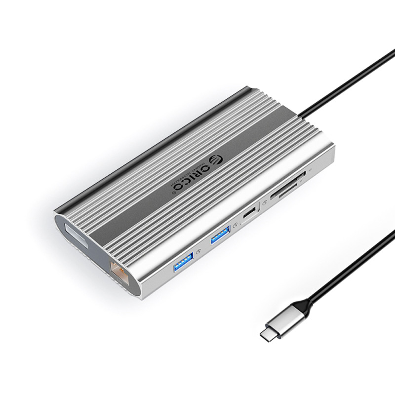 Orico XDR dokovací stanice 12v1 USB-C, USB-A, 2x HDMI 4K 60Hz, DisplayPort 4K 60Hz, RJ45 Gigabit, PD 100W – stříbrná