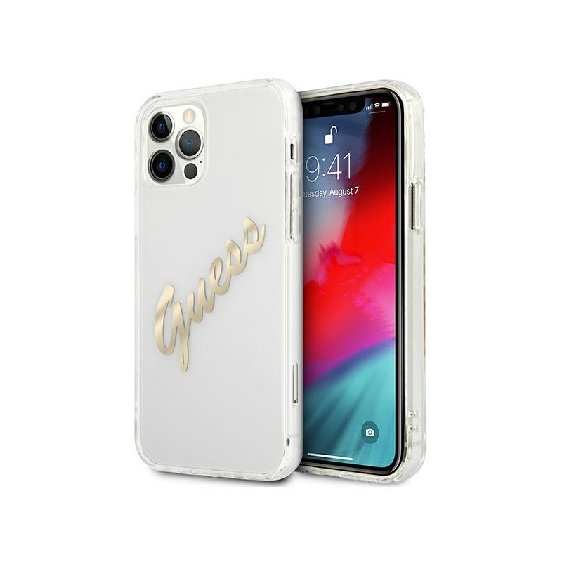 Kryt Guess GUHCP12LKTRSVGO pro iPhone 12 Pro Max 6.7" - transparentní zlato (Vintage Script)