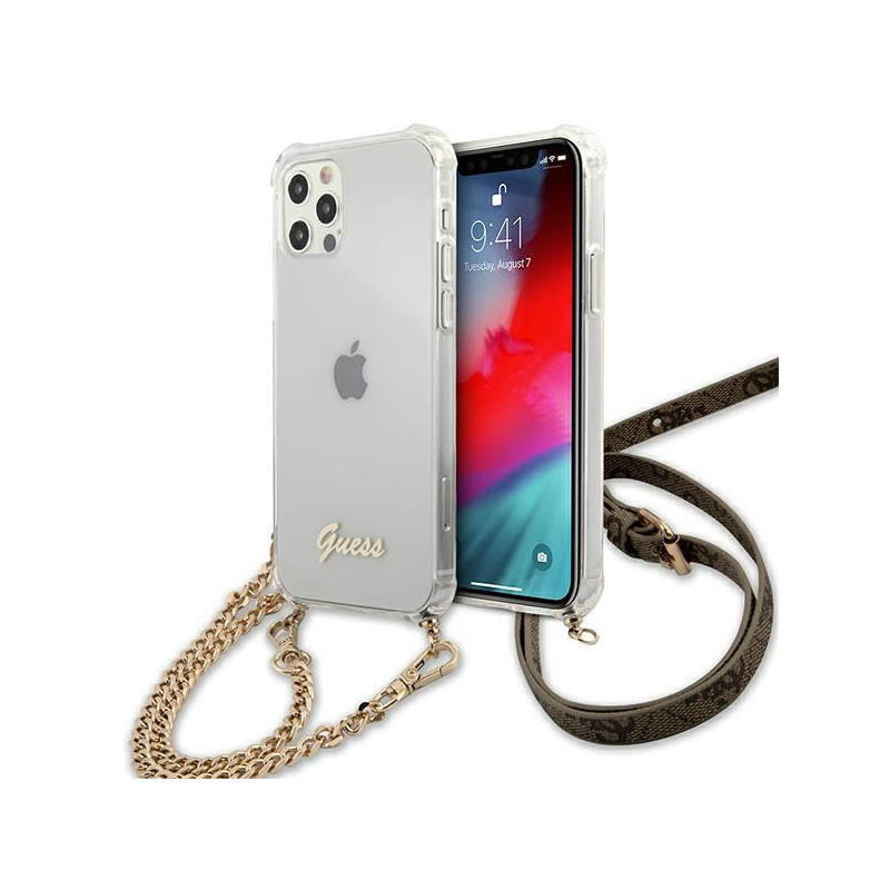 Kryt Guess 4G CHAIN pro iPhone 12 / 12 Pro - transparent/gold chain