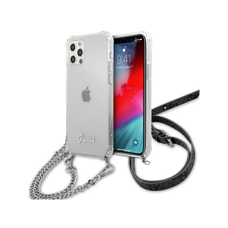 Kryt Guess 4G CHAIN pro iPhone 12 / 12 Pro 6.1" - transparentní stříbrný řetízek