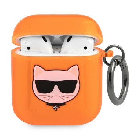 Pouzdro Karl Lagerfeld Choupette Head pro AirPods 1/2 - oranžové