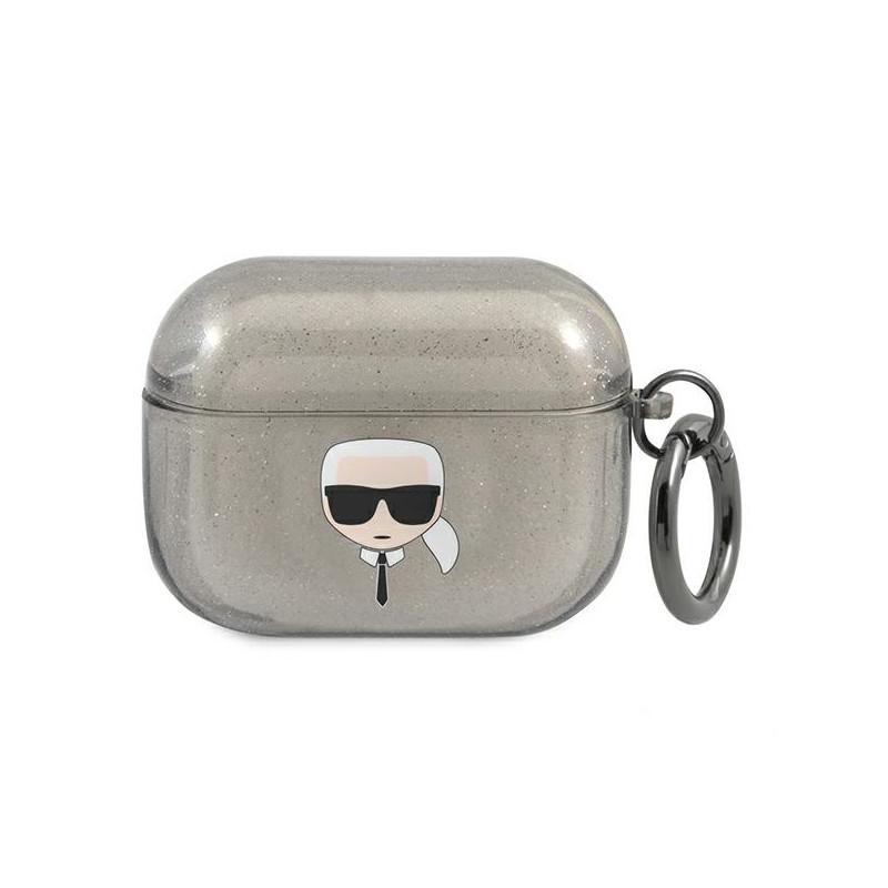 Pouzdro Karl Lagerfeld KARL'S HEAD Glitter pro AirPods Pro - černé
