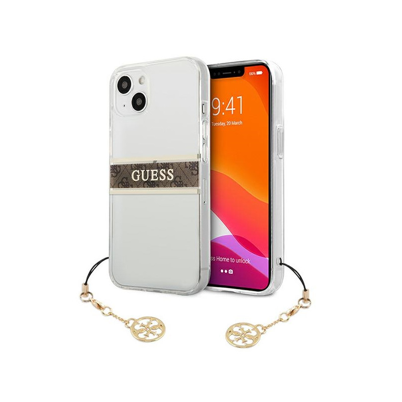 Kryt Guess 4G Gray Strap Charm pro iPhone 13 mini - transparentní (hnědý řemínek)
