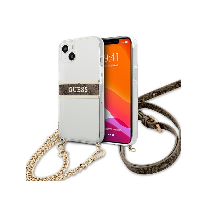 Kryt Guess GUHCP13SKC4GBGO pro iPhone 13 mini - transparent hnědý řemínek zlatý řetízek