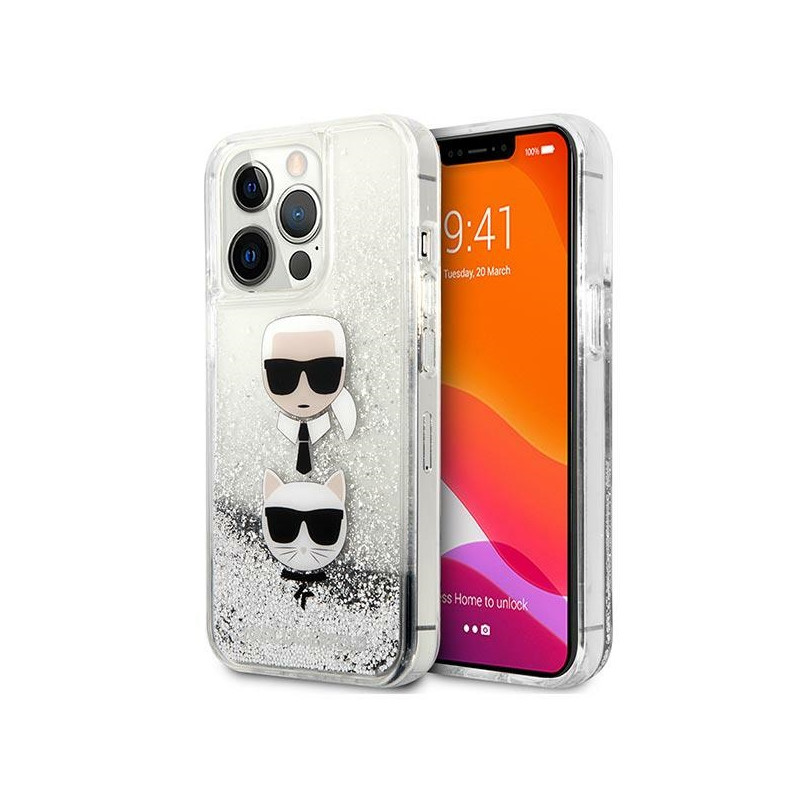 Kryt Karl Lagerfeld LIQUID GLITTER Karl&Choupette Head pro iPhone 13 Pro Max - stříbrná