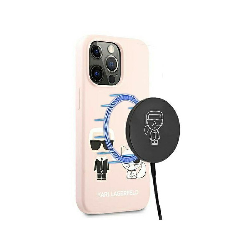 Kryt Karl Lagerfeld SILICONE IKONIK Karl&Choupette pro iPhone 13 Pro - světle růžová