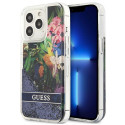 Kryt Guess Flower Liquid Glitter pro iPhone 13 Pro - modrý