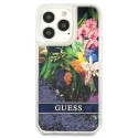 Kryt Guess Flower Liquid Glitter pro iPhone 13 Pro - modrý