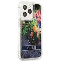 Kryt Guess Flower Liquid Glitter pro iPhone 13 Pro - modrý