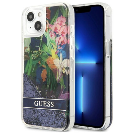 Kryt GUESS Flower Liquid Glitter pro iPhone 13 mini - modrá