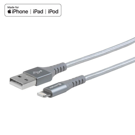 ESTUFF ES601255 Opletený datový a nabíjecí kabel USB/Lightning MFi, 2m, šedý