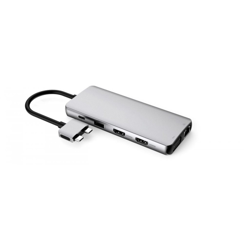 ESTUFF ES623010 Triple Display USB-C hub 12v1 (2xHDMI, VGA, 4x USB, audio, SD/MicroSD, RJ45, USB-C 100W), Space Grey