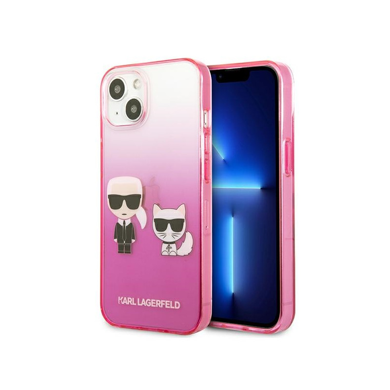 Kryt Karl Lagerfeld IKONIK Karl & Choupette pro iPhone 13 mini - růžová (gradient)