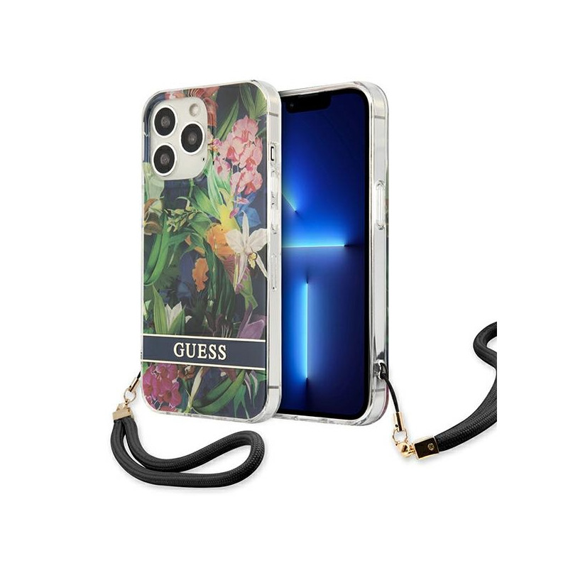 Kryt GUESS GUHCP13LHFLSB pro iPhone 13 Pro - modrá květinová (flower strap)