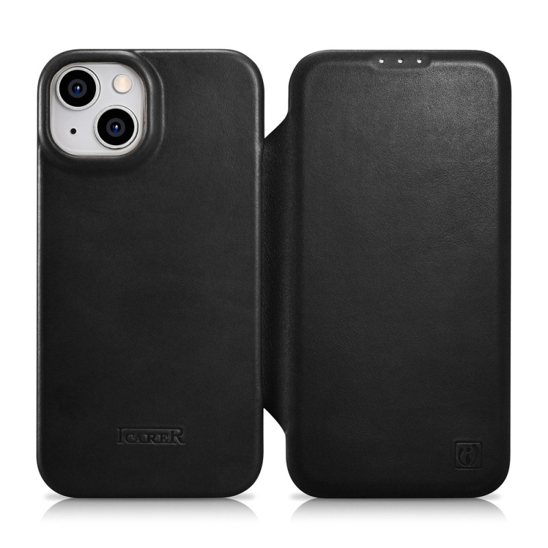 Pouzdro iCarer CE Oil Wax Premium Leather Folio Case pro iPhone 14 Plus - černá (magnetické MagSafe)