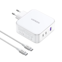 GaN Ugreen Nexode CD289 USB-A/2xUSB-C 140W síťová nabíječka + USB-C - USB-C 1,5m kabel - bílý