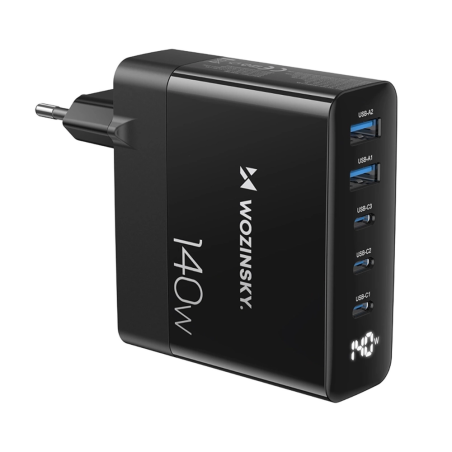 GaN Wozinsky CGWCB 140W síťová nabíječka 3 x USB-C / 2 x USB-A - černá