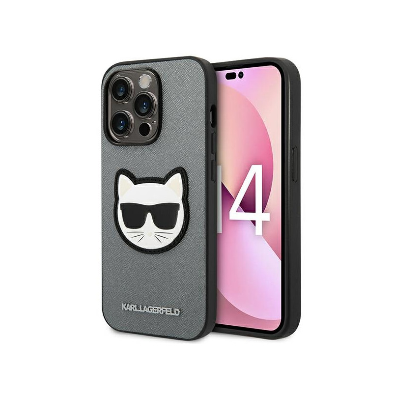 Kryt Karl Lagerfeld SAFFIANO CHOUPETTE Head Patch pro iPhone 14 Pro - stříbrná