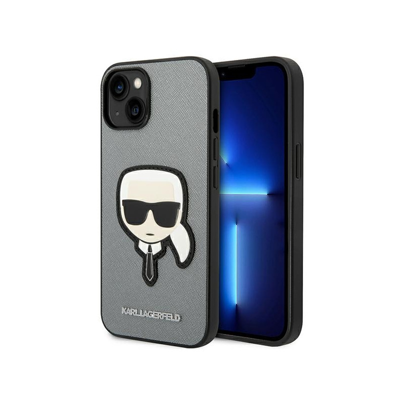 Kryt Karl Lagerfeld SAFFIANO KARL'S HEAD PATCH pro iPhone 14 Plus - stříbrná
