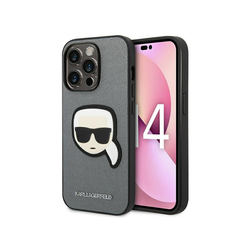 Kryt Karl Lagerfeld Saffiano Karl's Head Patch pro iPhone 14 Pro - stříbrná