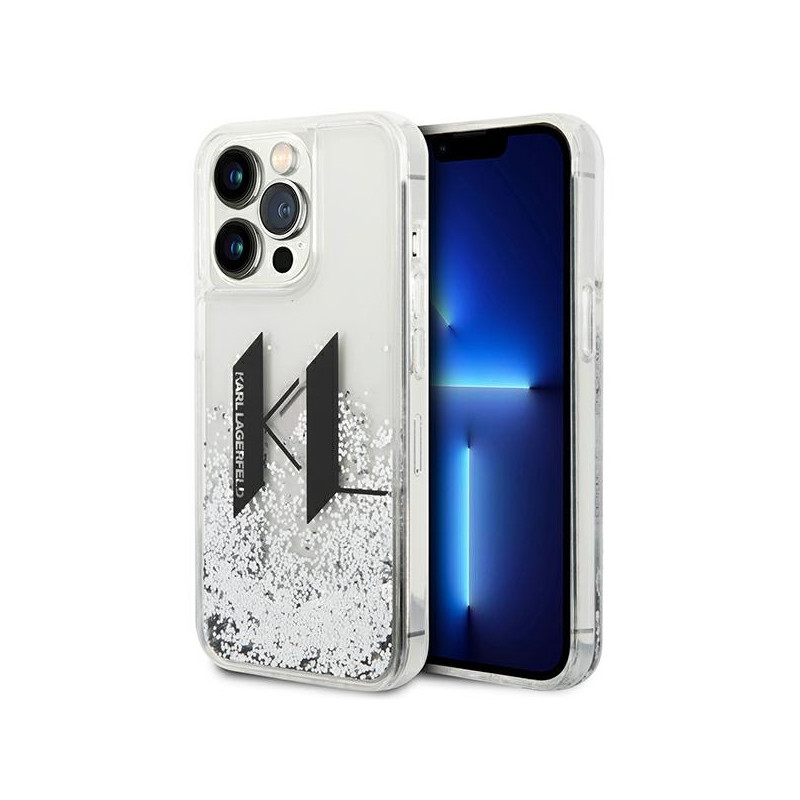 Kryt Karl Lagerfeld Liquid Glitter Big KL pro iPhone 14 Pro - stříbrná