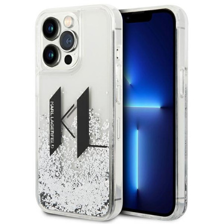 Kryt Karl Lagerfeld Liquid Glitter Big KL iPhone 14 Pro stříbrná