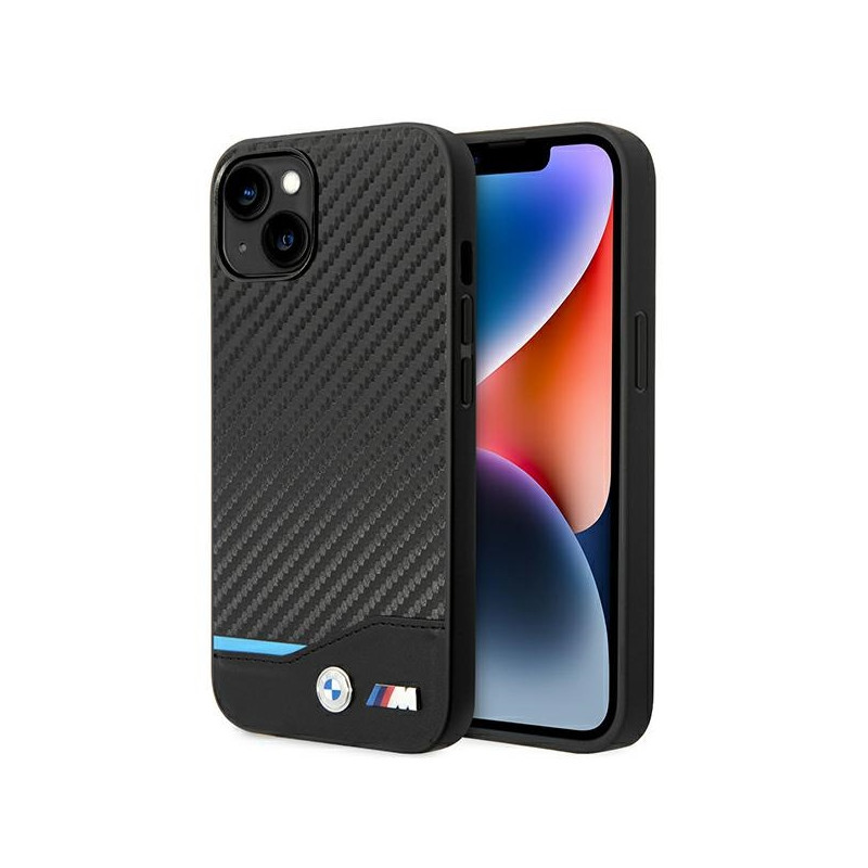 Pouzdro BMW LEATHER CARBON pro iPhone 14 Plus - černé