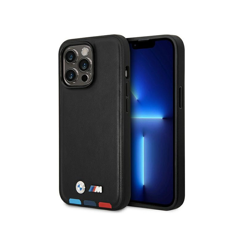 Kryt BMW pro iPhone 14 Pro - černý Leather Stamp Tricolor MagSafe