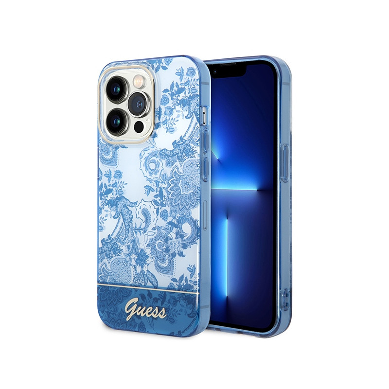 Kryt Guess GUHCP14LHGPLHB pro iPhone 14 Pro - porcelain collection blue/blue
