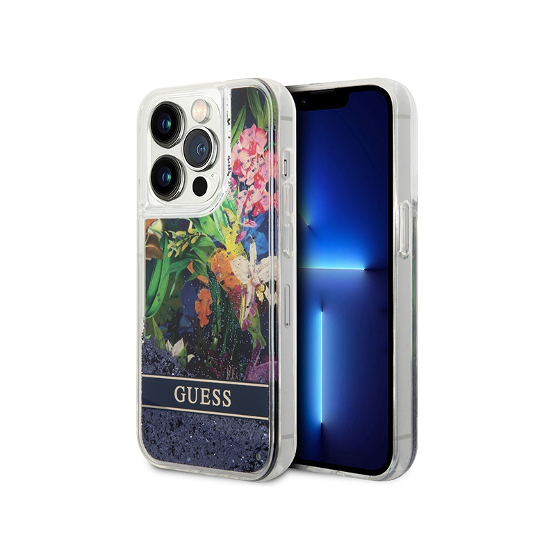 Kryt GUESS GUHCP14LLFLSB pro iPhone 14 Pro - blue / blue hardcase Flower Liquid Glitter