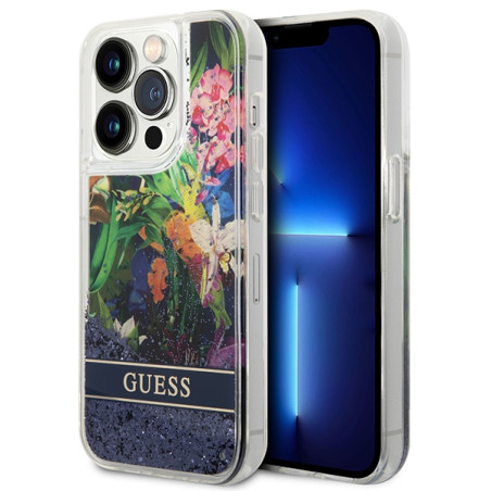 Kryt GUESS Flower Liquid Glitter pro iPhone 14 Pro