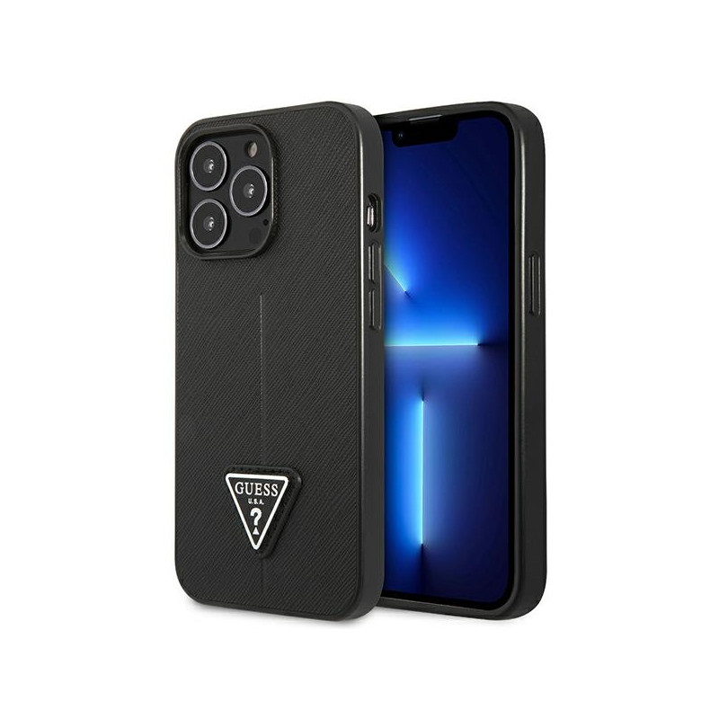 Kryt Guess GUHCP14LPSATLK pro iPhone 14 Pro - černý/černý (SaffianoTriangle Logo)
