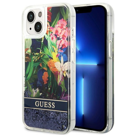 Kryt Guess Flower Liquid Glitter pro iPhone 14 - blue