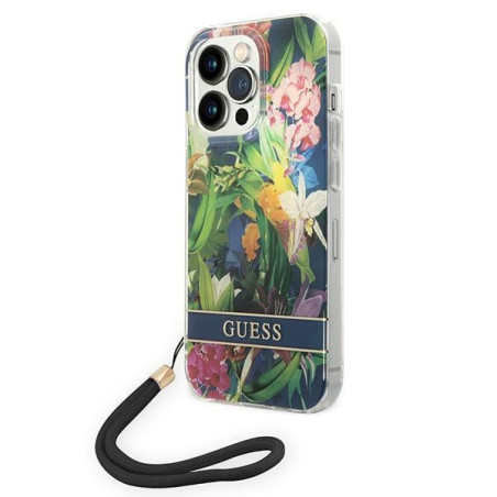 Kryt Guess Flower Strap pro iPhone 14 Pro modrá